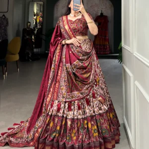 Maroon color tussar silk foil print lehenga choli